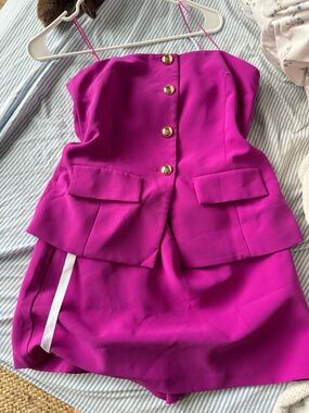 Amanda Uprichard Fuchsia Strapless Peplum Dress with Gold Buttons